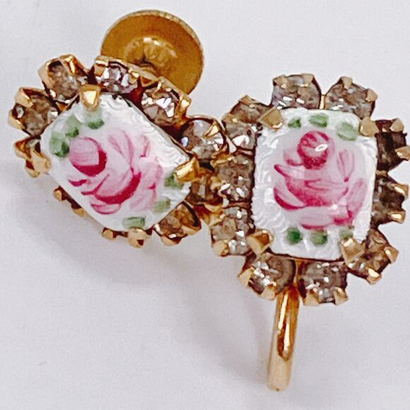 Vintage 1940s Guilloche Rose Rhinestone Gold Tone Screw Back Earrings Dainty - Picture 3 of 10